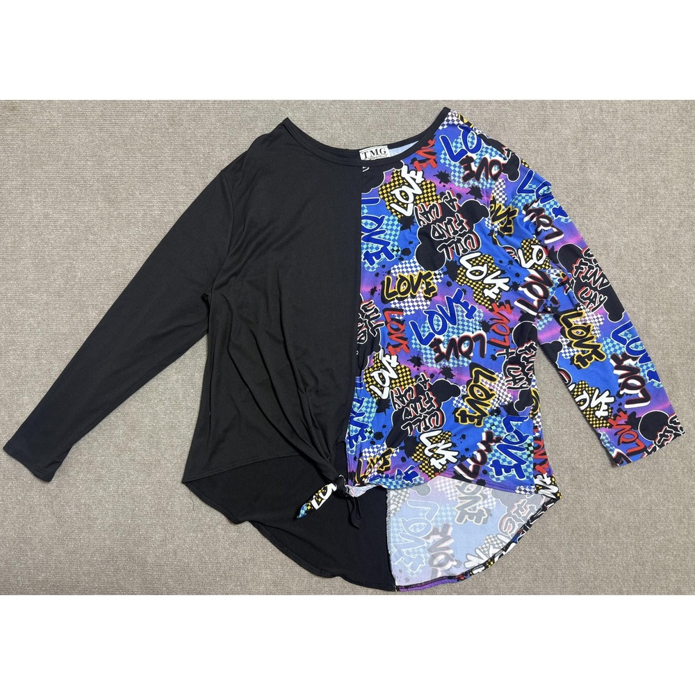 TMG‎ Shirt Womens 3X Black Blue Graphic Long Sleeve Love Print Knot Hem Pullover
